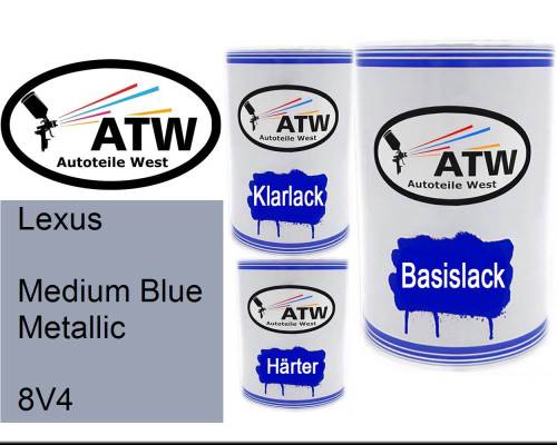 Lexus, Medium Blue Metallic, 8V4: 500ml Lackdose + 500ml Klarlack + 250ml Härter - Set, von ATW Autoteile West.